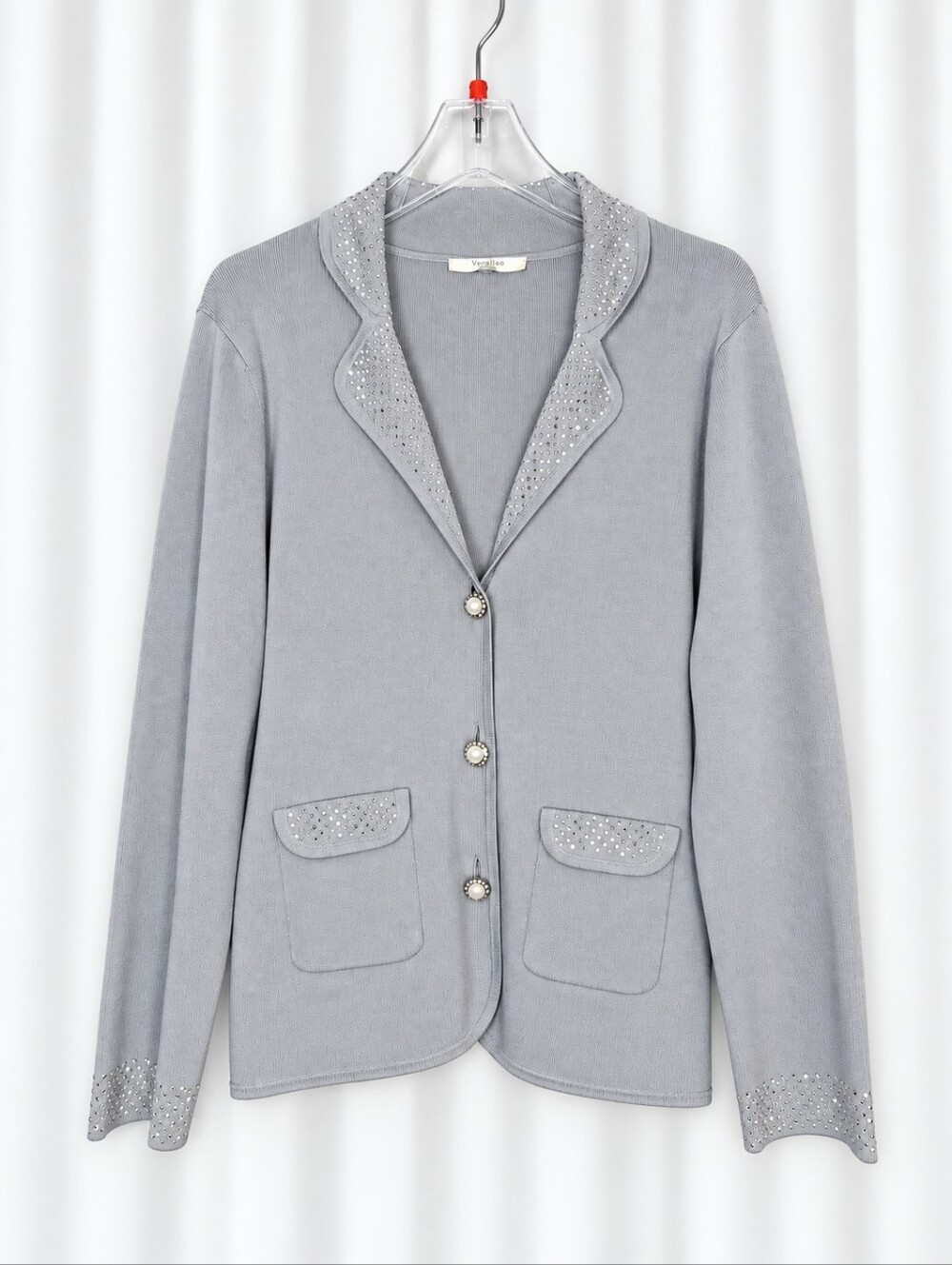 Vertigo Paris Y2K Gray Rhinestone Pearl Button Embellished Knit Sweater Blazer